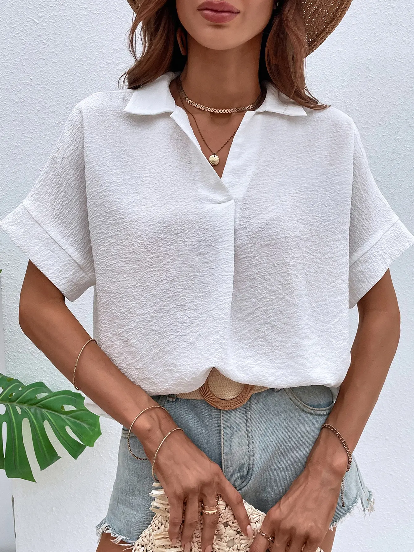Ladies Solid Color Lapel Neck Blouse Casual Batwing Sleeve Blouse Women Tops Shirts - Image 5
