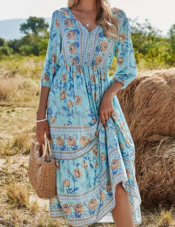 Summer Boho Long Dresses Women Fashion Print V Neck Half Sleeve Cotton Dress Elegant Casual High Waist Beach Dresses Vestidos