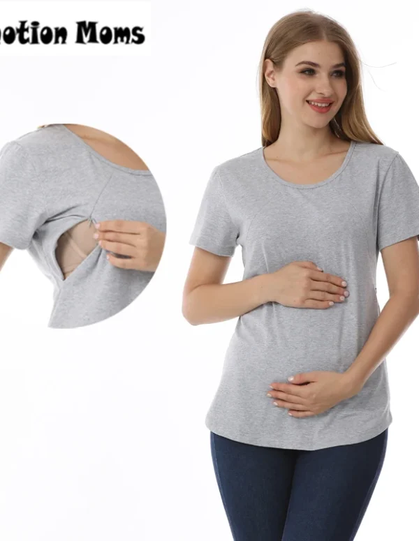 Emotion Moms New Women Maternel T-Shirt Short Sleeve Stretch Cotton Tops Zipper Breastfeeding Loose Pregnant Clothes Big Size