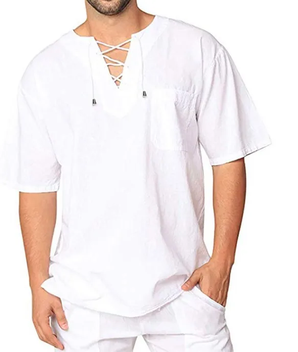 Plus Size Men's Tee Shirt Solid Tops Pullover V Neck Lace-up Loose Top Summer Holiday Beach Casual Half Sleeve Tops Linen Top - Image 12