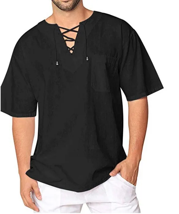 Plus Size Men's Tee Shirt Solid Tops Pullover V Neck Lace-up Loose Top Summer Holiday Beach Casual Half Sleeve Tops Linen Top - Image 11