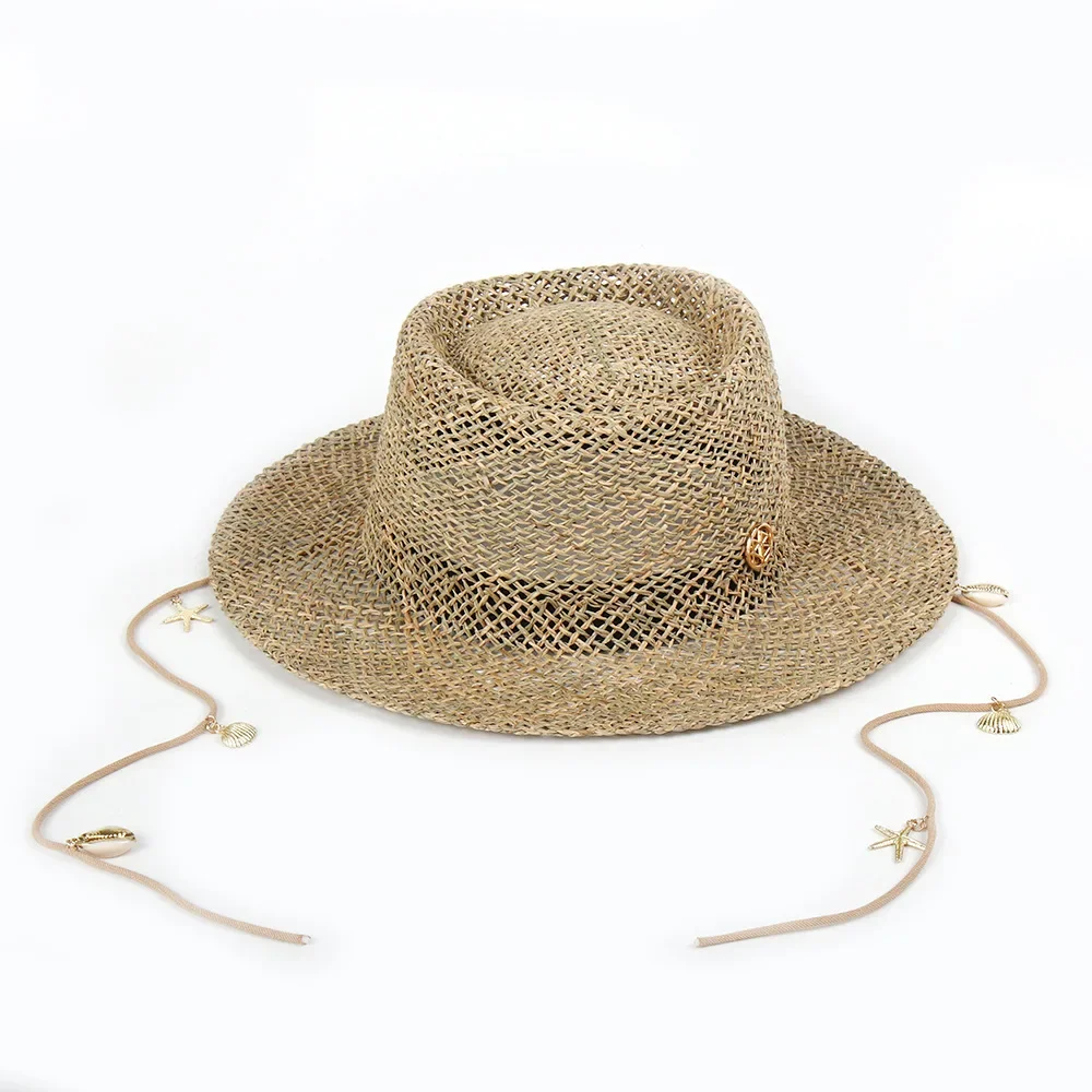 Panama Straw Sun Hat Wide Brim UPF50+ Foldable, Navy & Beige Contrast Beach Hat Adjustable Chin Strap Women Summer - Image 9