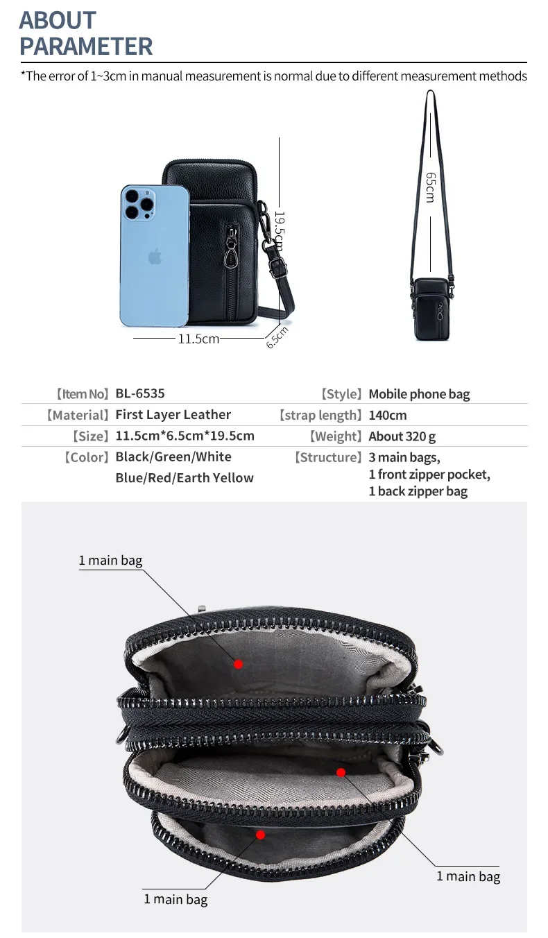 Lightweight Crossbody Messenger Bag, Women's Cow Leather Small Shoulder Purse, Multi Compartment Pocket, Vertical Phone Bag - Image 4