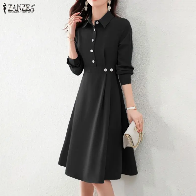 2026 ZANZEA Women Elegant Lapel Neck Long Sleeve Dress Spring Office Dresses Stylish A Line Waisted Party Sundress Holiday Robe - Image 5