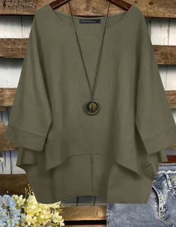 ZANZEA Casual 2025 Summer Blusas Mujer Woman Cotton Asymmetrical Hem High-Low Blouses 3/4 Sleeve Loose O-Neck Everyday Tops