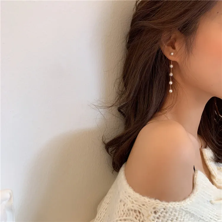 Fashion Pearl Long Earring For Women Cute Korean Crystal Rhinestone Chain Drop Earrings Bridal Wedding Party Jewelry Gifts 2024 - Image 9