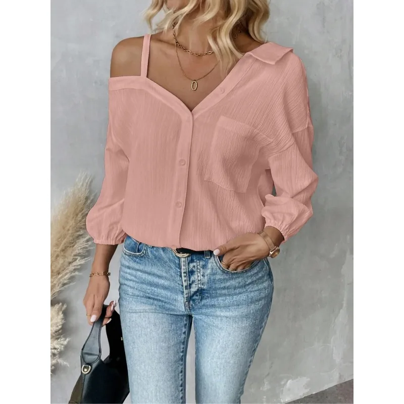 Plus Size1XL-5XL Women Blouses Top Lady Single Breasted Off Shoulder Pocket Asymmetrical Female Casual Overshirt - Image 2