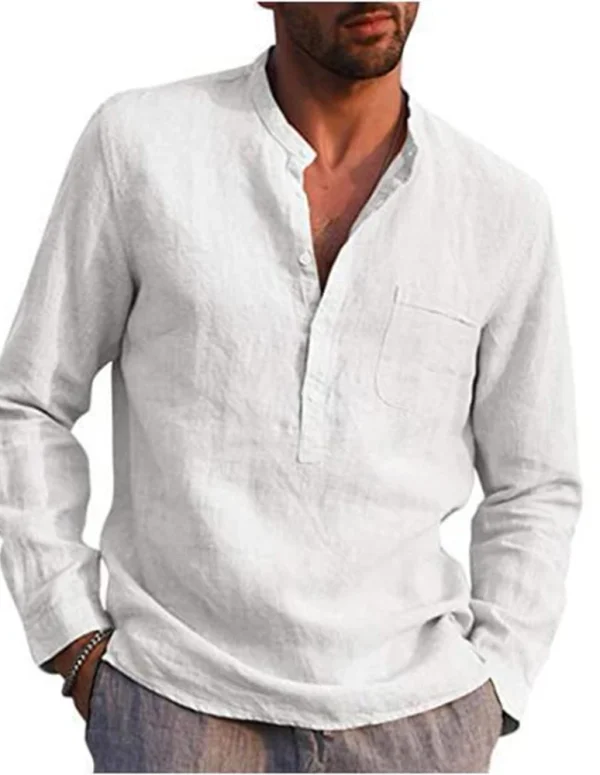 Cotton Linen Hot Sale Men's Long-Sleeved Shirts Summer Solid Color  Stand-Up Collar Casual Beach Style Plus Size