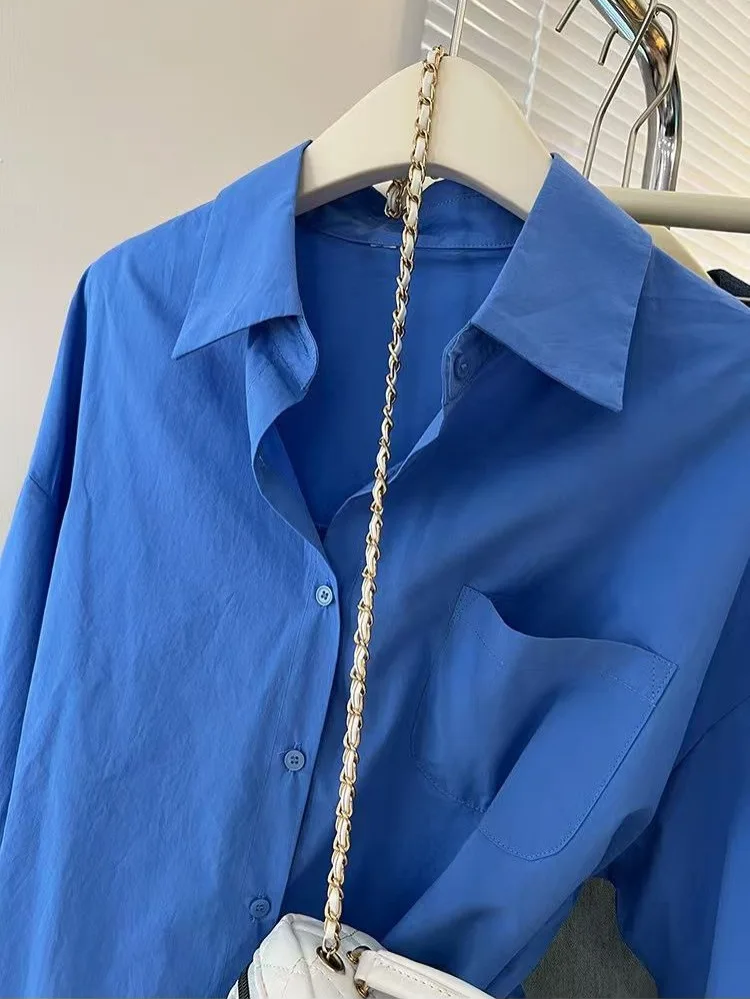 Solid Color Long Sleeve Women's Shirt with Pocket Loose Button Up Casual Blouse Woman 2026 New Spring Summer All-Match Shirt Top - Image 23