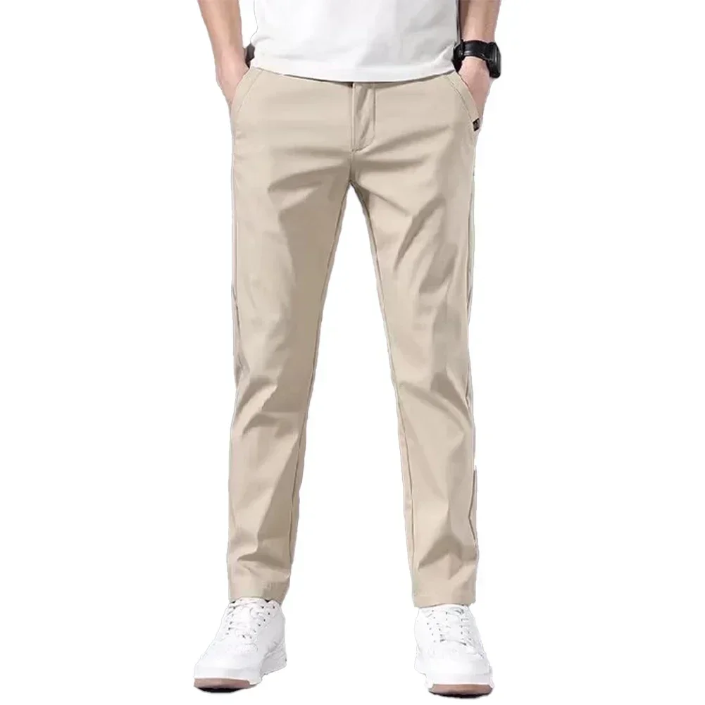 Summer Men's Slim Fit Thin Chino Pant Casual Flat Front Flex Classic Full Pants Middle Waist Man Trousers - Image 3