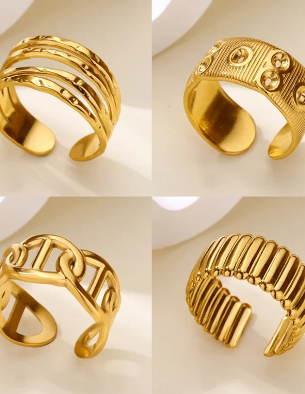 Stainless Steel Layered Rings for Women Open Adjustable Gold Color Geometric Textured Ring Aesthetic Wedding Waterproof Jewelry