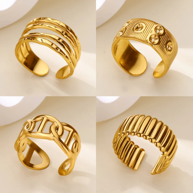 Stainless Steel Layered Rings for Women Open Adjustable Gold Color Geometric Textured Ring Aesthetic Wedding Waterproof Jewelry