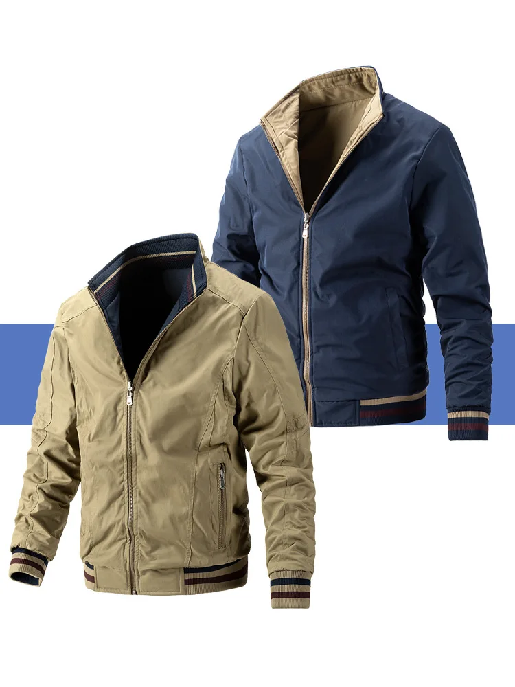 Men's Double-Sided Wear Busin Coat Spring Autumn Cotton Casual Jaet Busin Sle V-Ne Zipper ket Wear-resistant - Image 12
