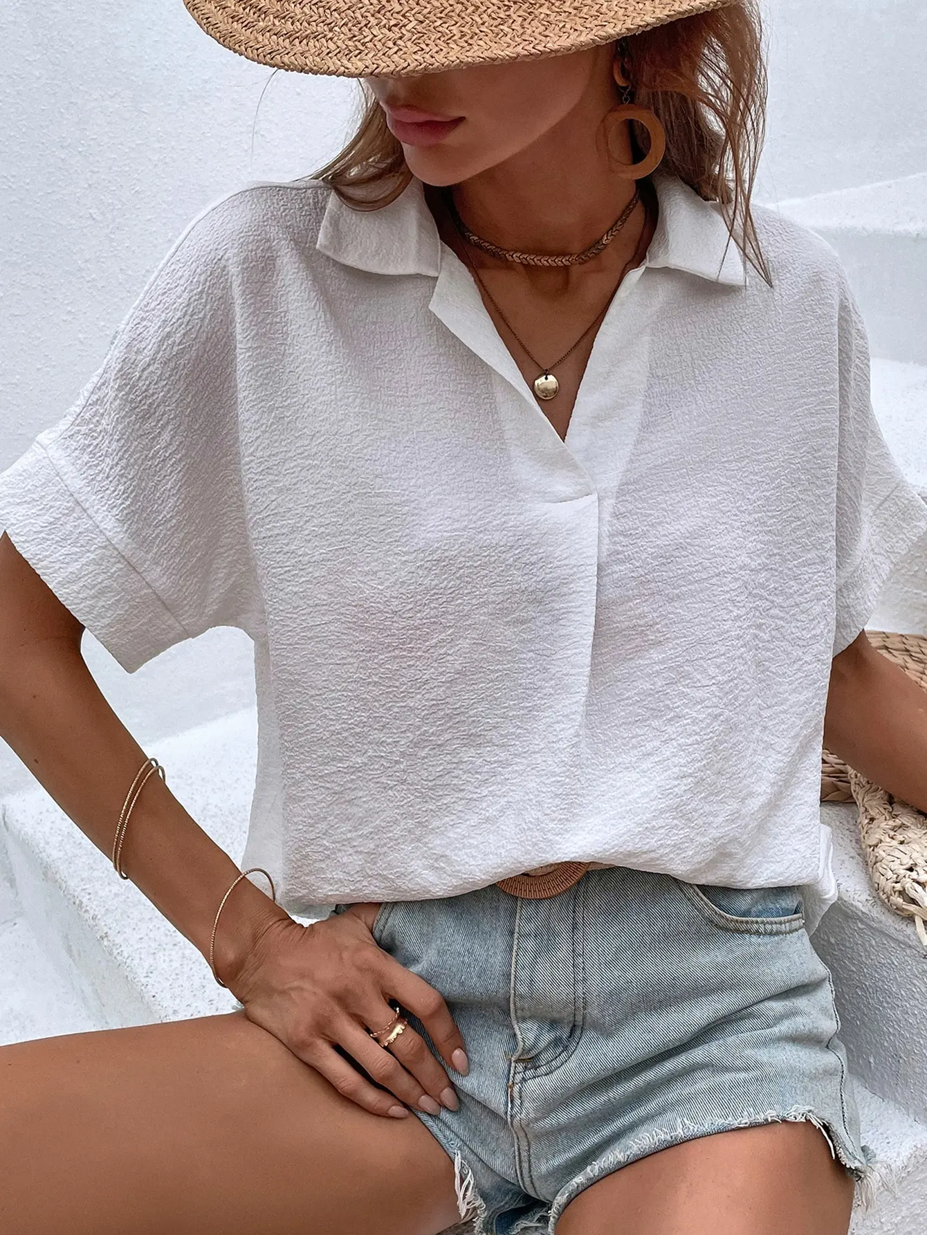 Ladies Solid Color Lapel Neck Blouse Casual Batwing Sleeve Blouse Women Tops Shirts - Image 3