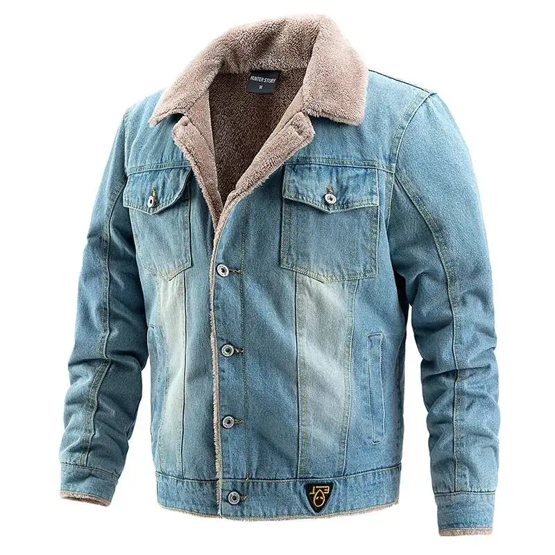 Denim Autumn Winter Pocket Single-Breasted Solid Color Velvet Thickened Lapel Washed Cotton Fashion Men's Jacket - Image 2