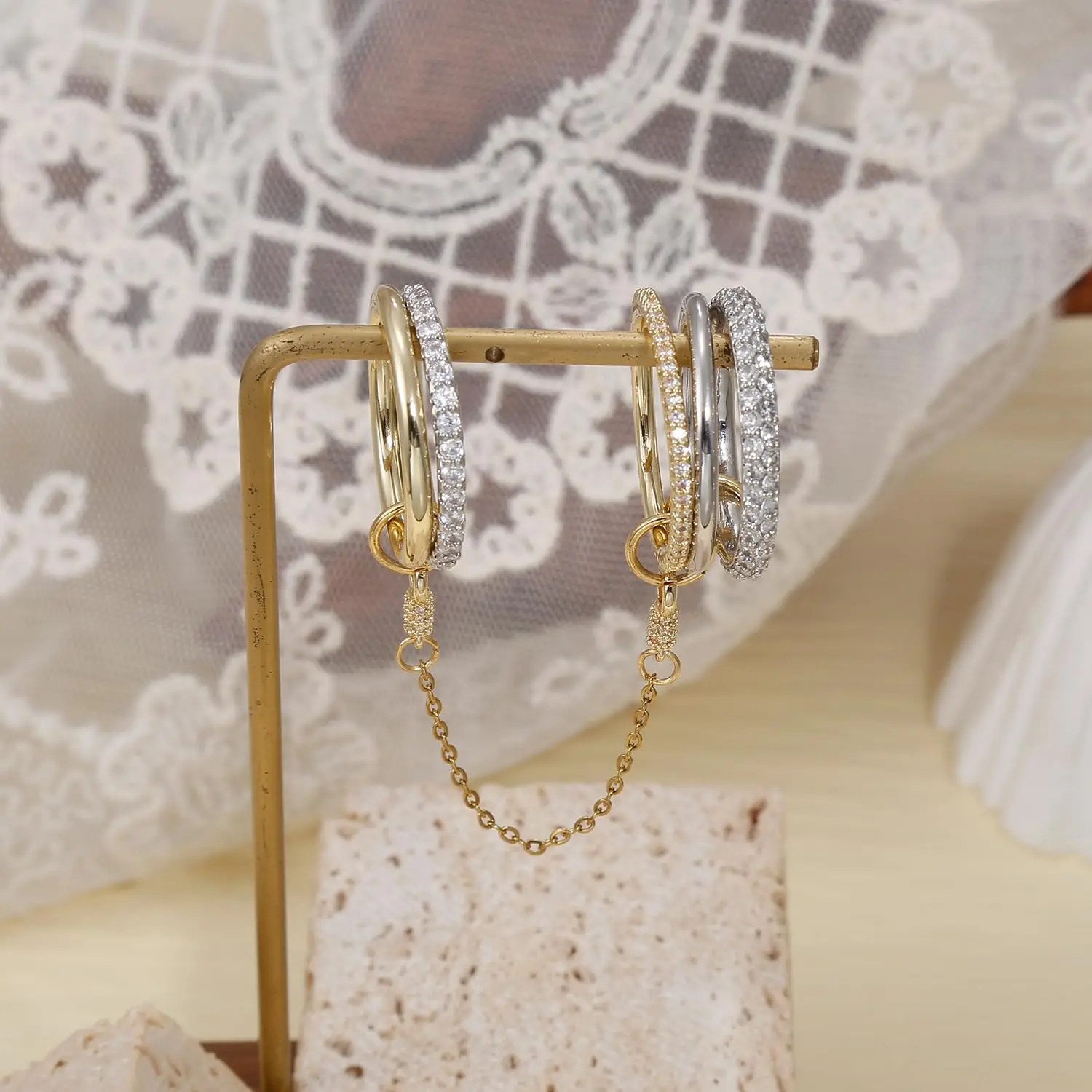 5pcs Gold Plated Linked Chain Stackable Rings for Women Statement Cubic Zirconia Interlocking Rings Multi-Link Connected Jewelry - Image 11