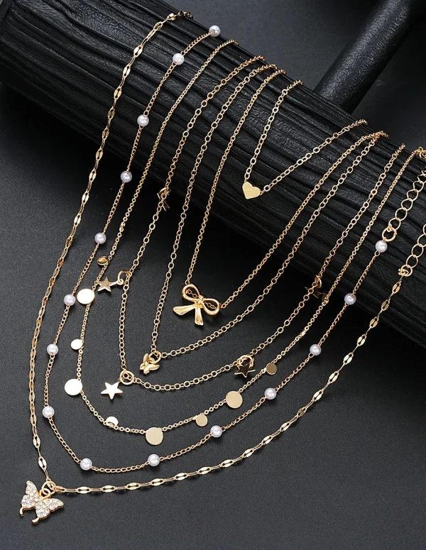7Pcs Gold Color Multilayer Pearl Butterfly Necklace For Women Trendy Star Love Heart Bowknot Zircon Pendant Necklace Jewelry Set