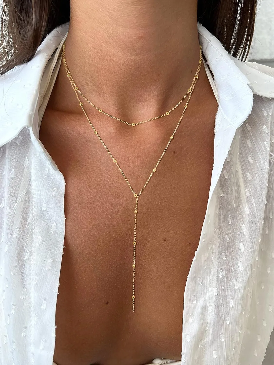 Gold Necklace for Women 14k Gold Plated/Silver Y-Shaped Pendant Necklace Layered Beaded Chain Drop Necklaces For Women Gift - Image 13