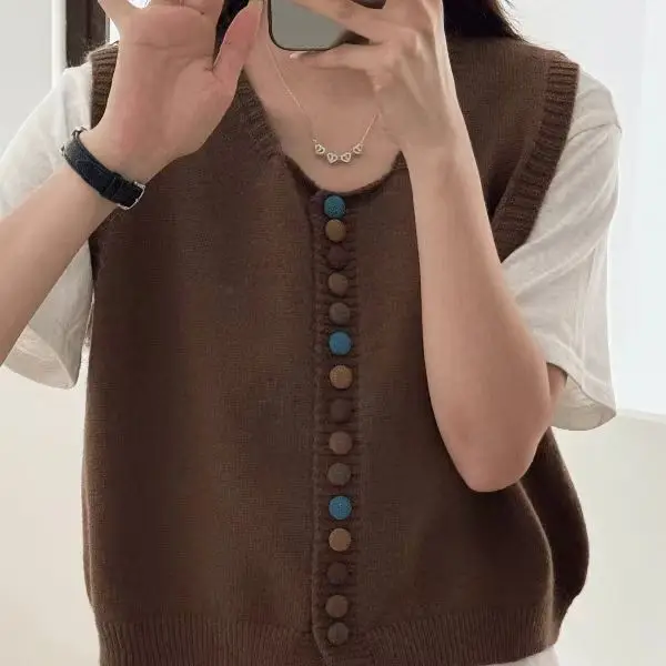 Fashion Colorful Button Knit Sweater Vest Women Spring Autumn New Casual Layering Sweater Woman Retro Gray Sleeveless Vest Top - Image 13