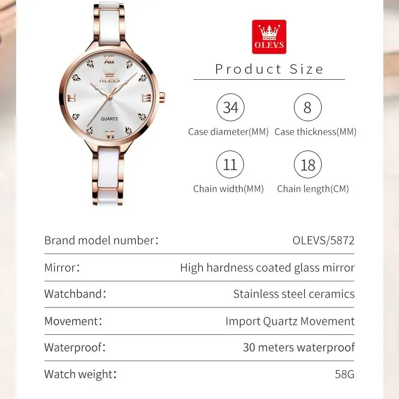 OLEVS 5872 Fashion Luxury Brand Quartz Women's Watch Elegant Ceramic Rose Gold Waterproof Dress Women's Watch Relogio Feminino - Image 6