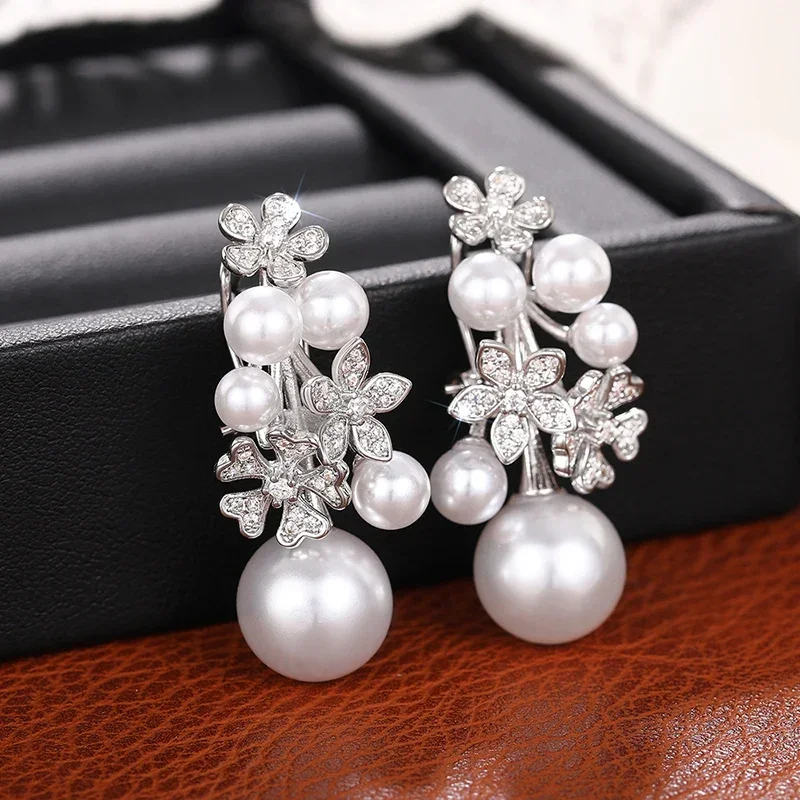 Huitan Trendy Simulated Pearl Women Drop Earrings Inlaid Sparkling CZ Flower Design Charming Party Daily Accessories Jewelry - Image 9
