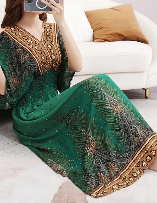 Casual Elegant Retro Bohemian National Style V-neck Elastic  Waist Large Swing Printed Summer Long Skirt Woman Dress Clothes