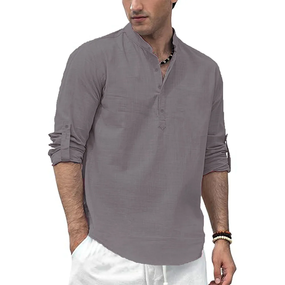 Men's Cotton Linen Long Sleeve Polo Shirt Lightweight Henley Neck Hawaiian Beach Style Solid Color Tops Vacation T-shirt - Image 7