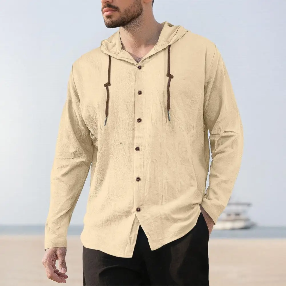 Men's Fashion Casual Shirt, Hooded Drawstring Cotton And Linen Cardigan, Trendy And Versatile Loose Beach T-shirt - Image 3