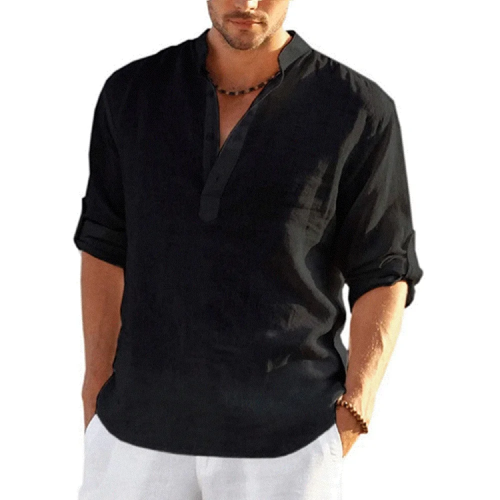 Cotton Linen Hot Sale Men Long-Sleeved Shirts Summer Solid Color Stand-Up Collar Casual Beach Style Plus Size - Image 7