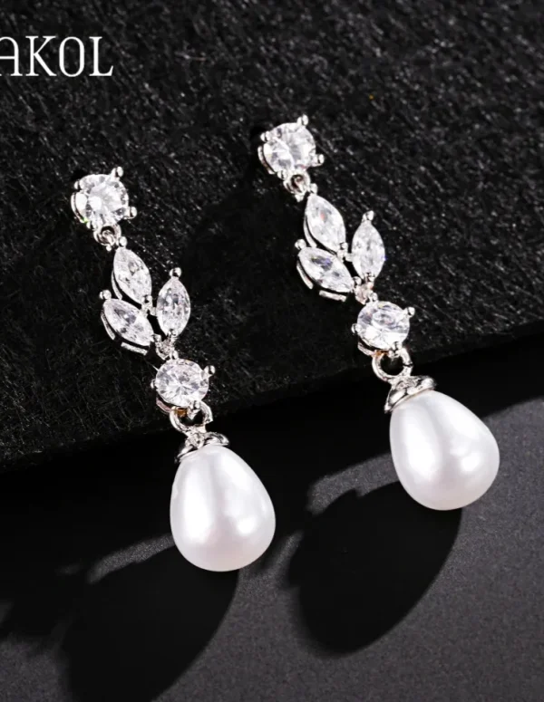 ZAKOL Fashion 7mm Imitation Pearl Drop Dangle Earrings for Women Marquise Cut Cubic Zirconia Leaf Wedding Jewelry Bijoux