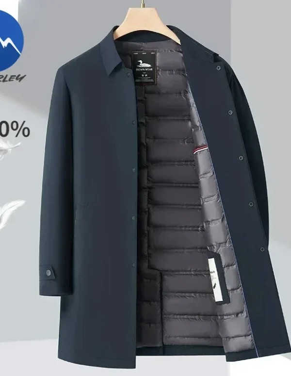 Luxury Brand Long Down Jacket Men's Winter Casual Thick Flip Collar White Duck Down Warm Parka Business Lightweight Trench Coat