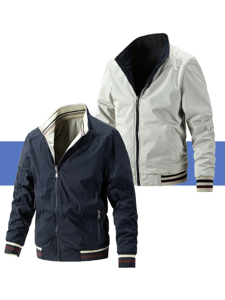 Men's Double-Sided Wear Busin Coat Spring Autumn Cotton Casual Jaet Busin Sle V-Ne Zipper ket Wear-resistant - Image 10